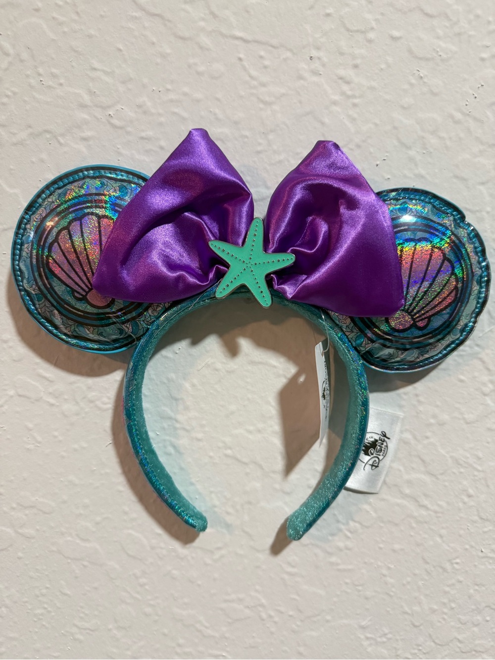 Disney Teal Seashell Ear Headband with Purple Bow and Green Starfish